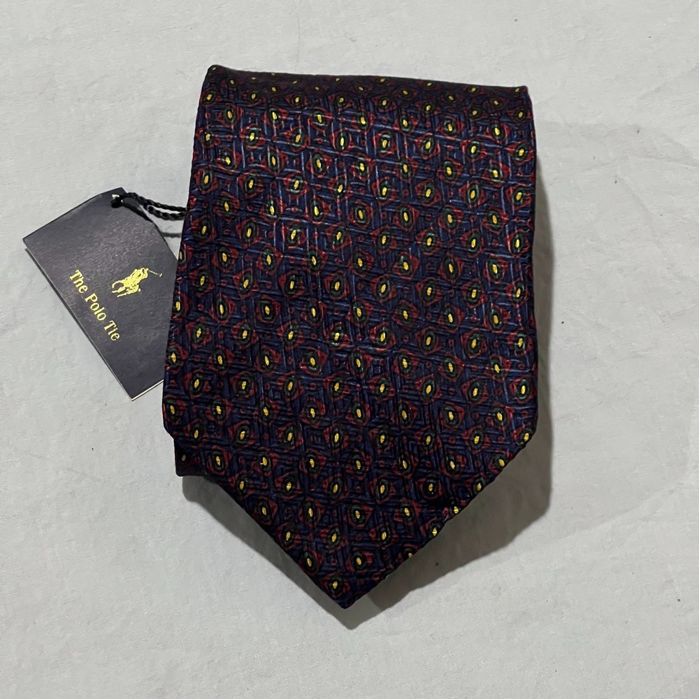 NWT Polo Ralph Lauren Mens Maroon Blue Geometric Hand Made Neat Silk Neck Tie